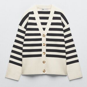 Zara NWOT Cream and navy striped oversize cardigan sweater size S
